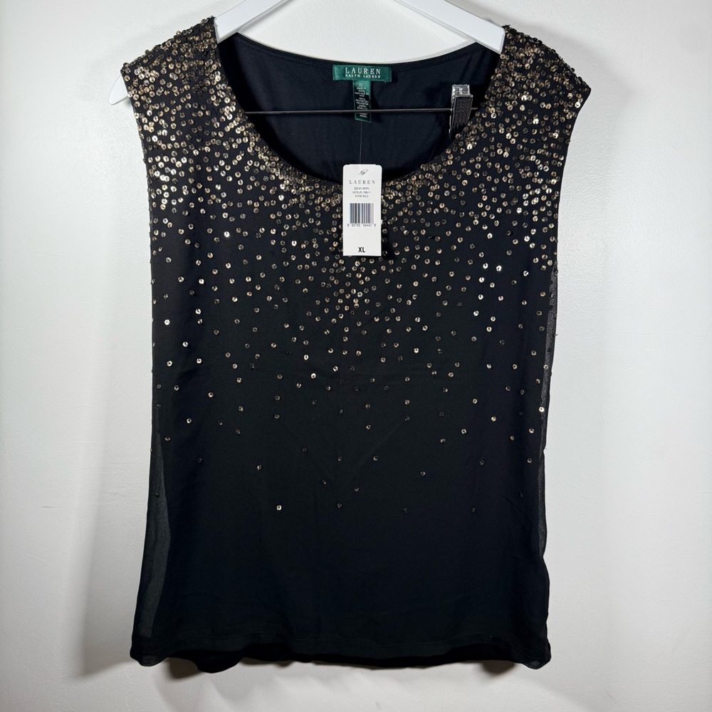 NWT Lauren Ralph Lauren Black Sequin Sleeveless Top Vintage Gold Embellished XL
